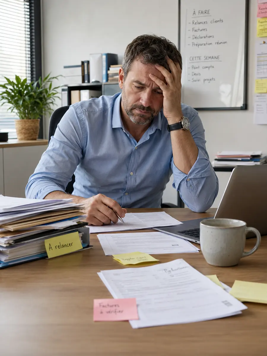 Entrepreneur débordé face à des documents administratifs